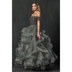 Juliet 395 Charcoal long ruffled horsehair tulle dress off shoulder sleeves